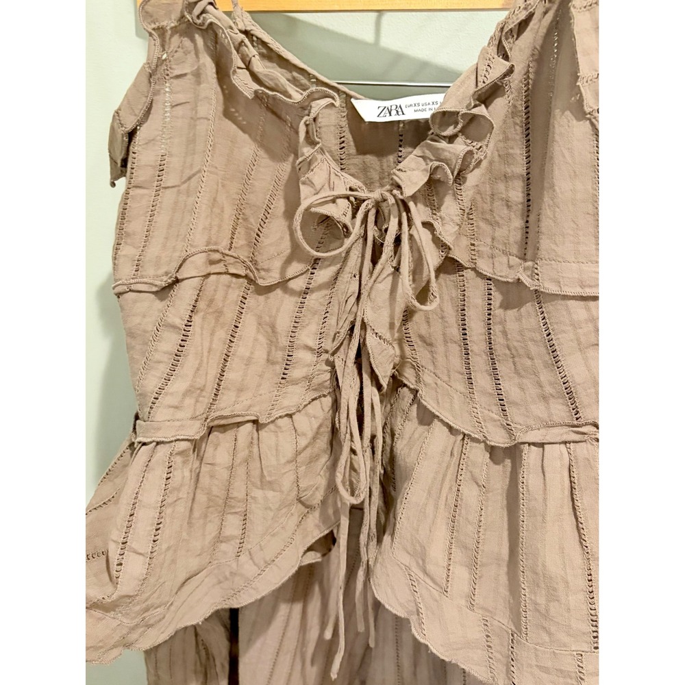 Zara Two Piece Set Ruffle Peplum‎ Cami Top Cargo Pants Taupe Brown XS - Picture 8 of 11